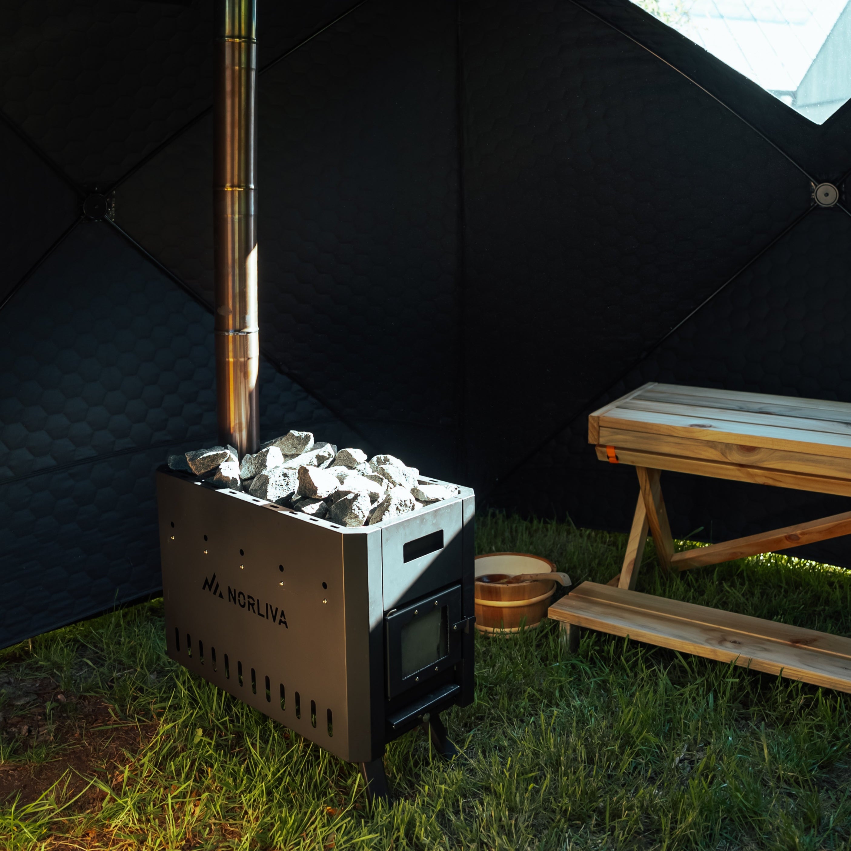Mobile Fjorden sauna tent with sauna heater
